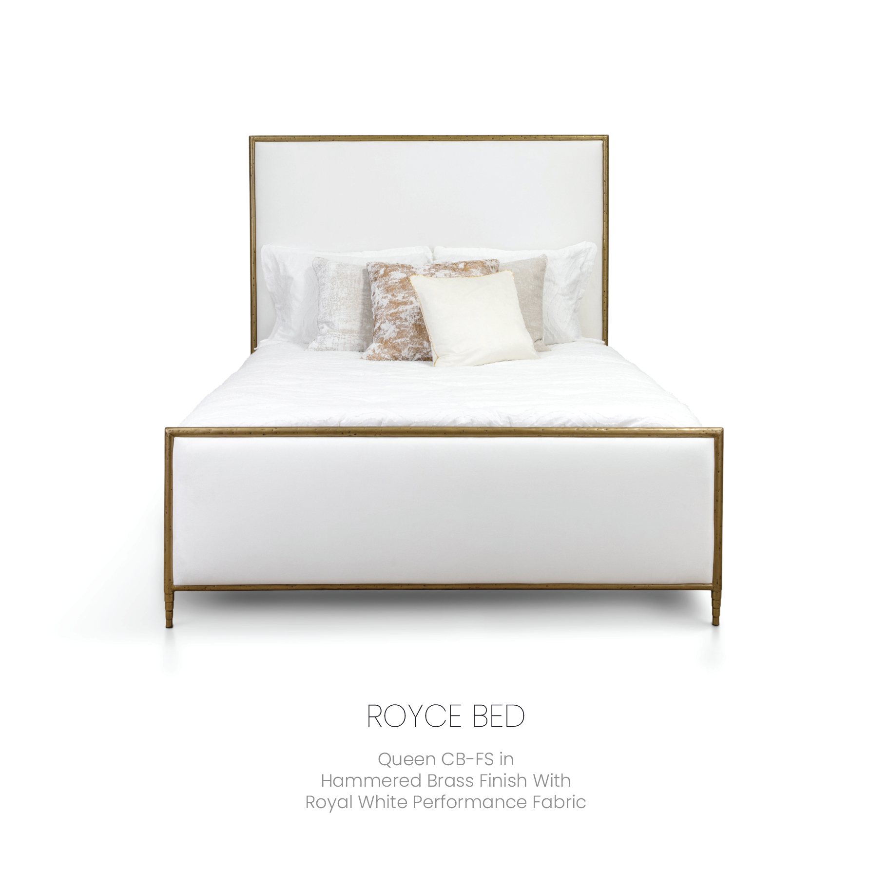 Royce Bed in Queen CB-FS in Hammered Brass Finish with Royal White Performance Fabric.