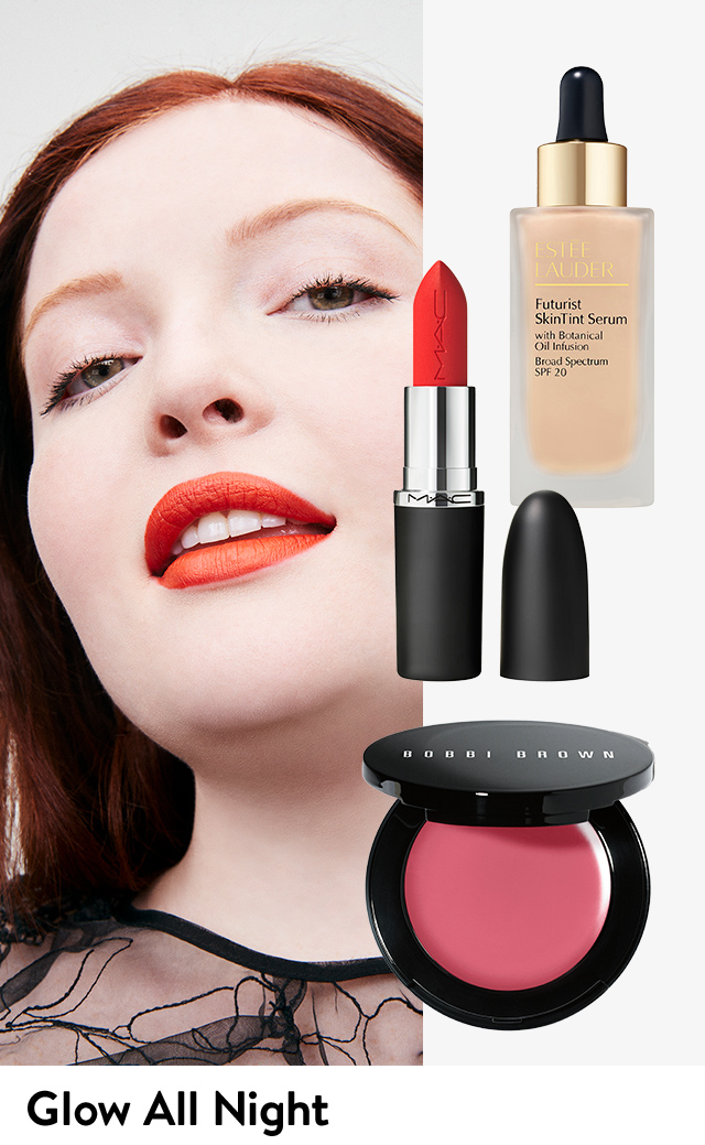 A woman in orange lipstick; a collage of foundation, lipstick and cream blush.