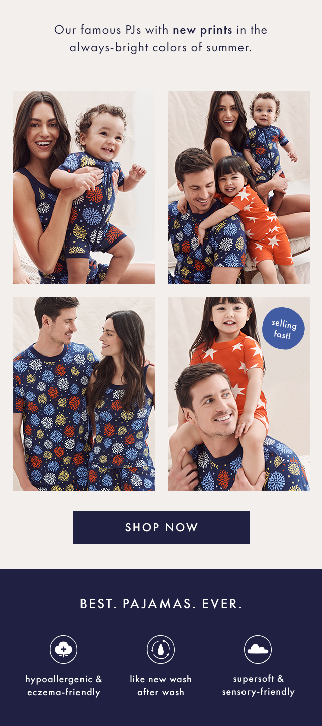 Our famous PJs with new prints in the always-bright colors of summer. | selling fast! | SHOP NOW | BEST. PAJAMAS. EVER. | supersoft & sensory-friendly | like new wash after wash | certified safest for baby