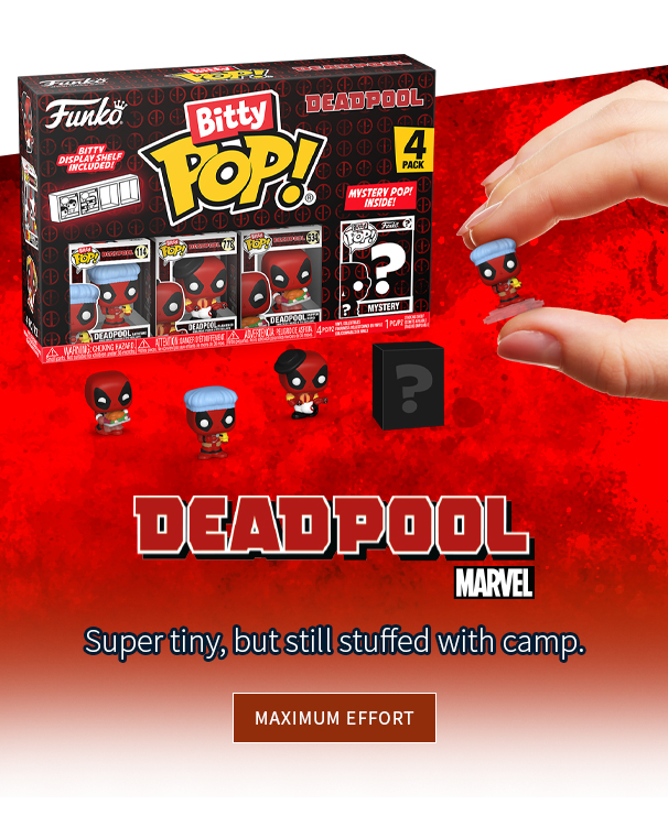 Deadpool Marvel Super tiny, but still stuffed with camp. Maximum Effort