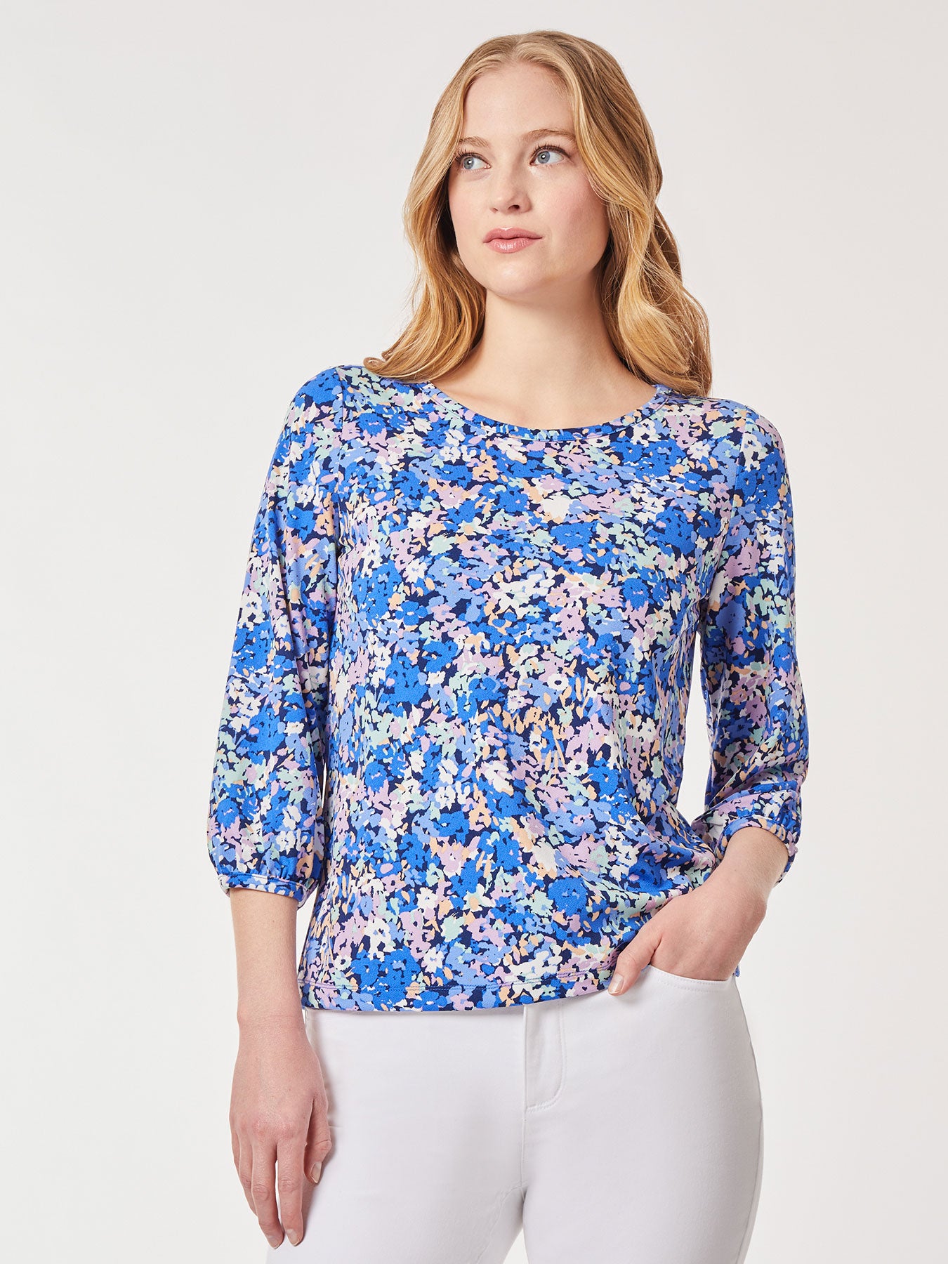 Image of Printed Moss Crepe Puff Sleeve Top