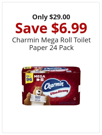 On sale $29 Charmin Mega Roll Toilet Paper 24 Pack