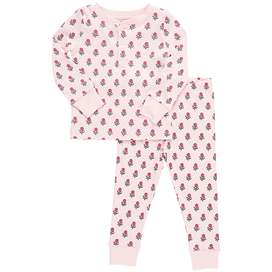 Image of Kids Organic Henley PJ - Pink Tiny Flower Block Print