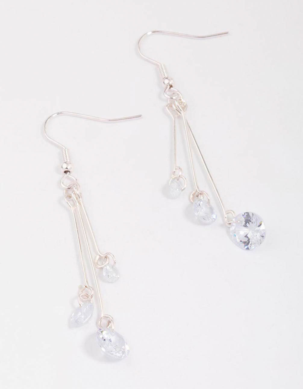 Image of Silver Triple Chain Diamante Drop Earrings