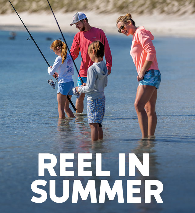 Reel in summer. A family wearing PFG while fishing. 