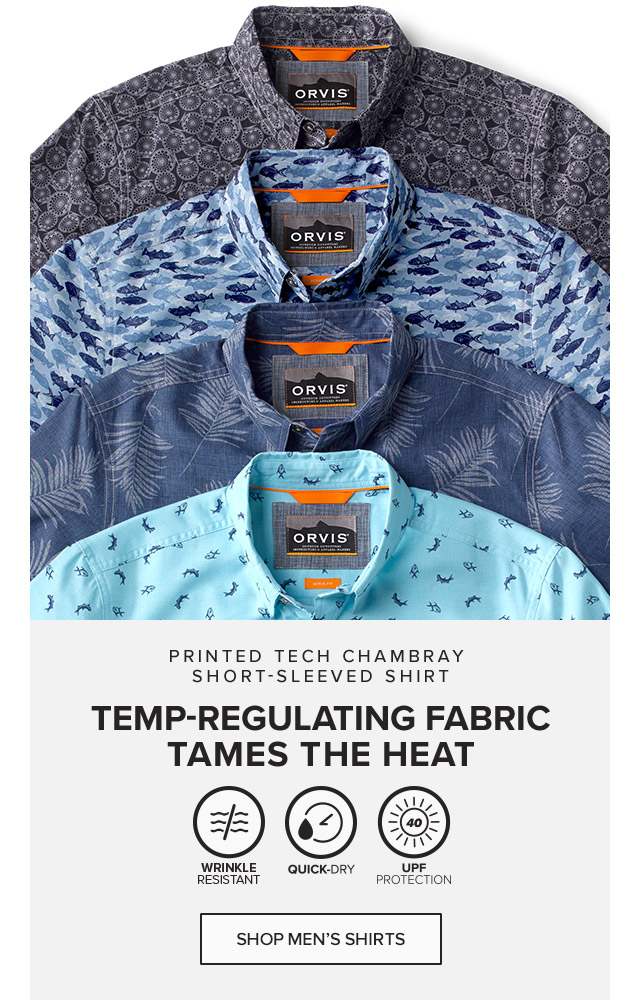 Printed Tech Chambray Short-Sleeved Shirt Temp-Regulating Fabric Tames the Heat Classic camp-shirt style with legendary quick-drying, UPF 30 Tech Chambray performance.