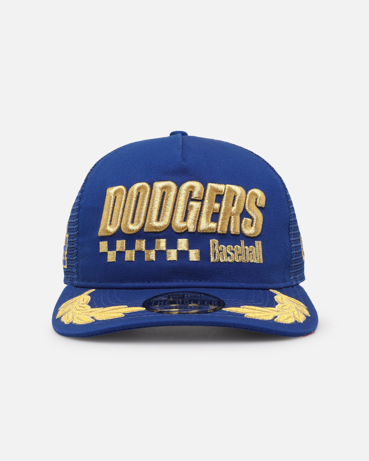 Image of New Era Los Angeles Dodgers 'Podium Pack' Pre-Curved Golfer Trucker Snapback Light Royal/Metallic Gold