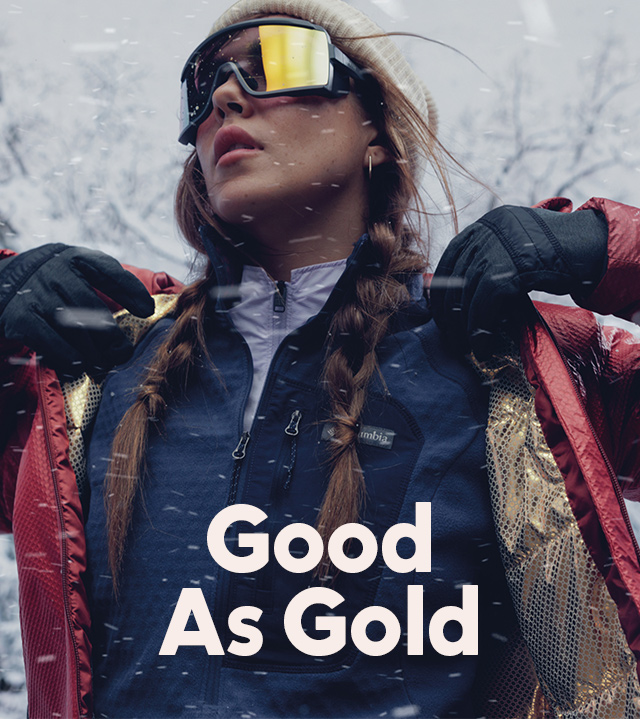 Portrait of a stylish woman in an Omni-Heat Infinity jacket. Headline Good As Gold