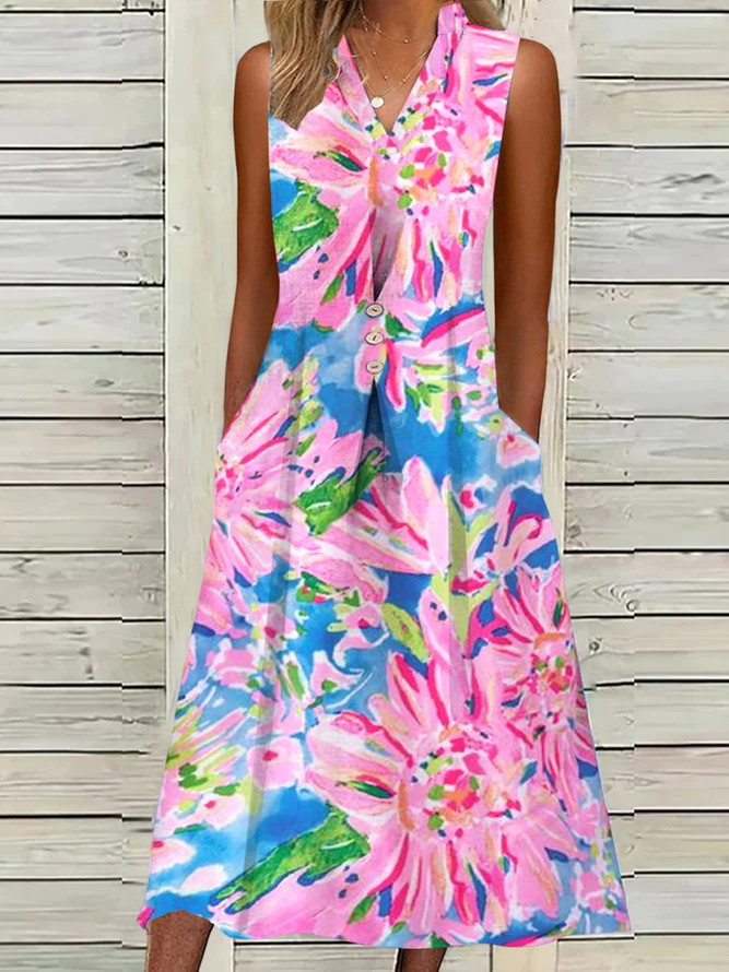 Women Floral V Neck Sleeveless Comfy Casual Midi Dress