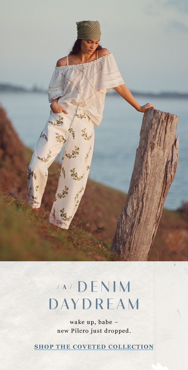 Woman wearing white blouse and white embroidered floral pants. A denim daydream. wake up, babe—new Pilcro just dropped. Shop the coveted collection.