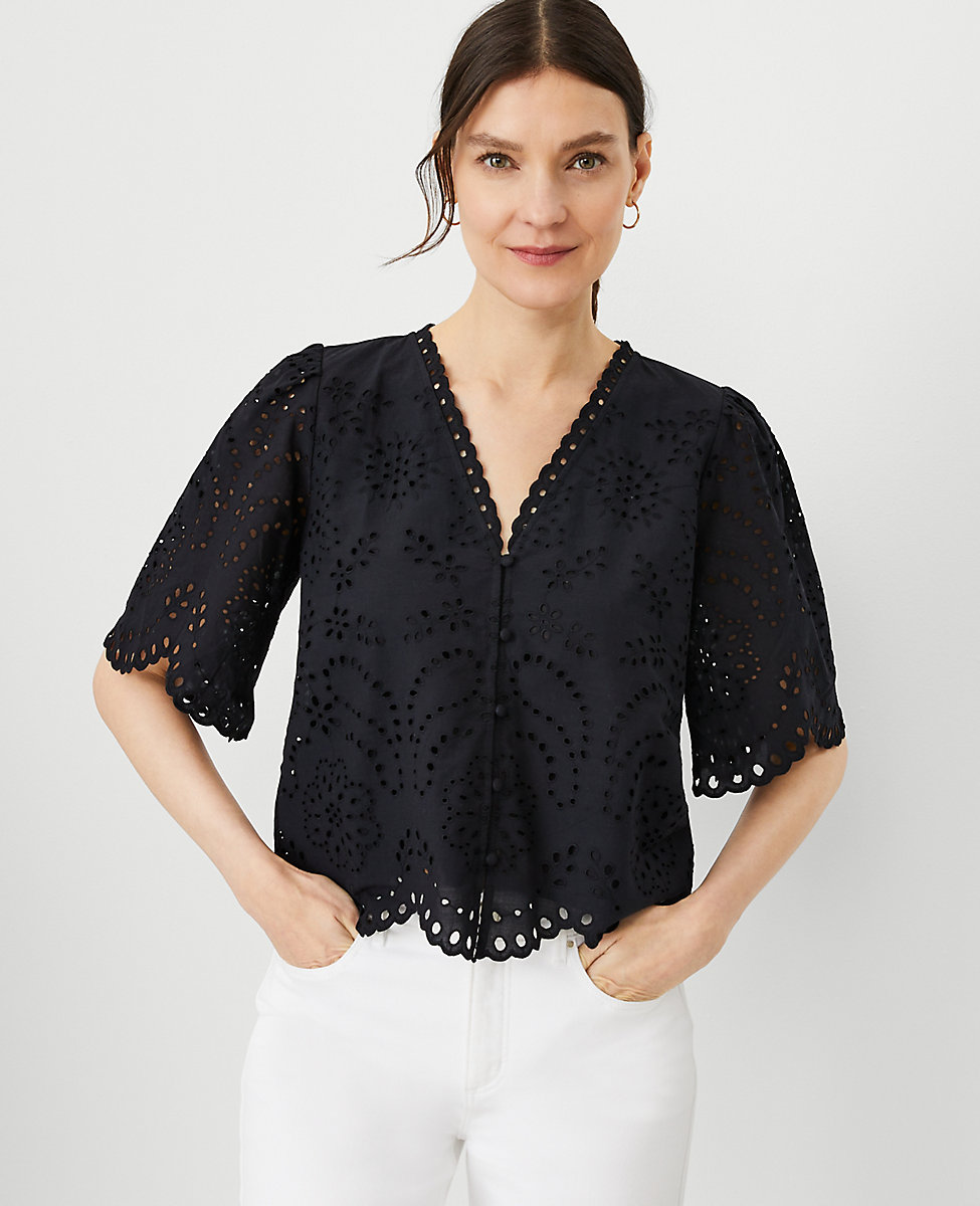 Eyelet Puff Sleeve V-Neck Top