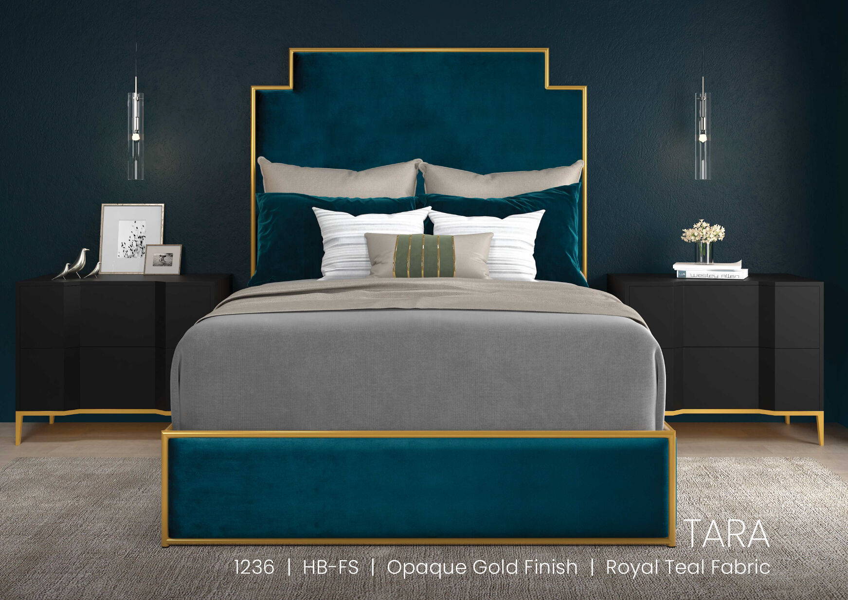 Wesley Allen Tara bed in Opaque Gold finish with Royal Teal fabric.