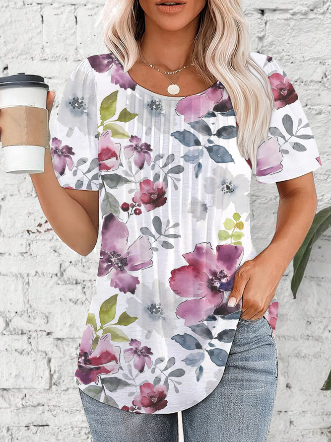 Crew Neck Short Sleeve Floral Regular Loose Shirt For Women