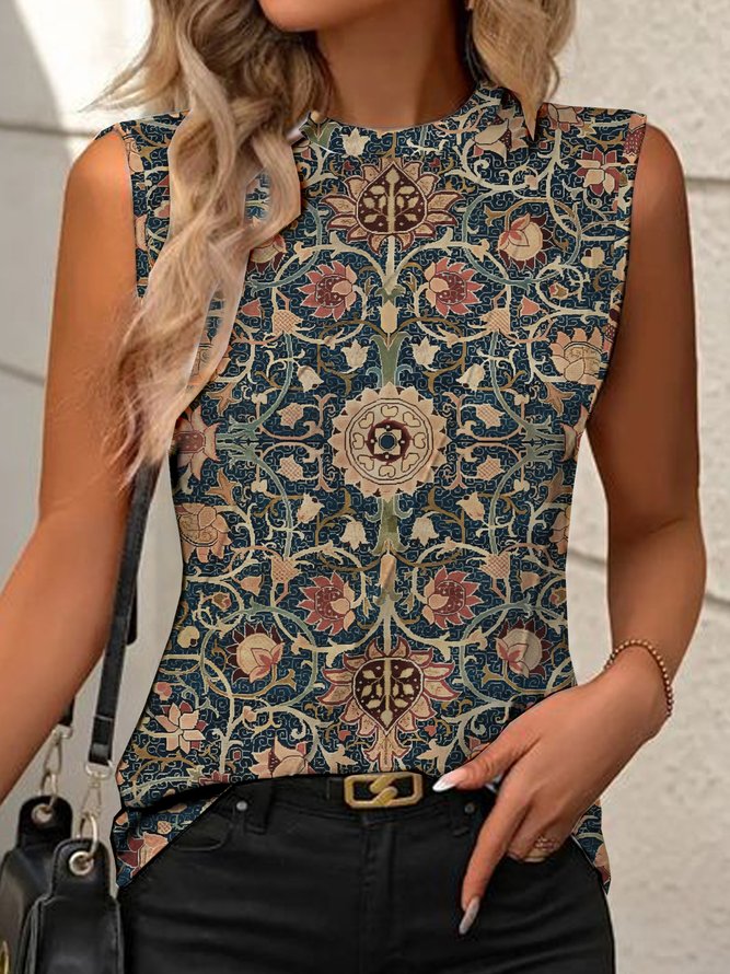 Casual Crew Neck Ethnic Tank Top