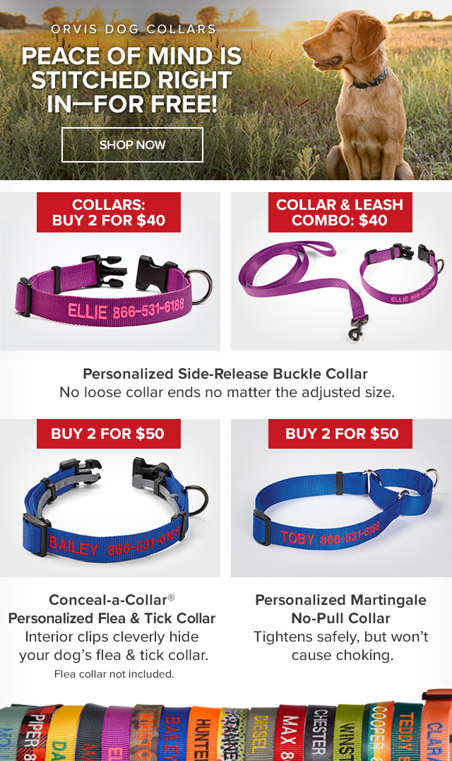 Orvis Dog Collars Peace of Mind is Stitched Right In—for FREE! Personalized Side-Release Buckle Collar No loose collar ends no matter the adjusted size. Collars: Buy 2 for $40 |Collar & Leash Combo: $40 Conceal-a-Collar® Personalized Flea & Tick Collar Interior clips cleverly hide your dog's flea & tick collar. Buy 2 for $50 Personalized Martingale No-Pull Collar Tightens safely, but won't cause choking. Buy 2 for $50