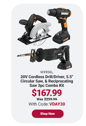 20V Cordless Drill/Driver, 5.5" Circular Saw & Reciprocating Saw 3pc Combo Kit