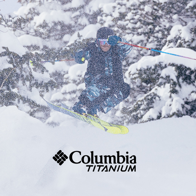 Columbia titanium logo. A man skiing. 