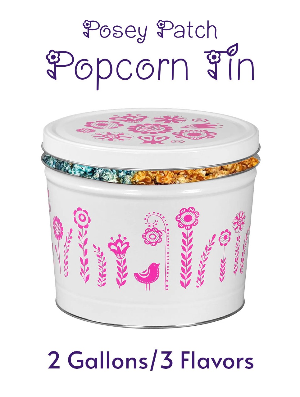 Posey Patch Pink & White 2 Gallon Tin with 3 Flavors of Popcorn