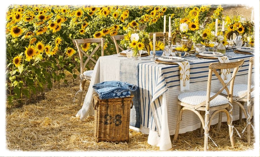 Image of picnic table in a sunflower field