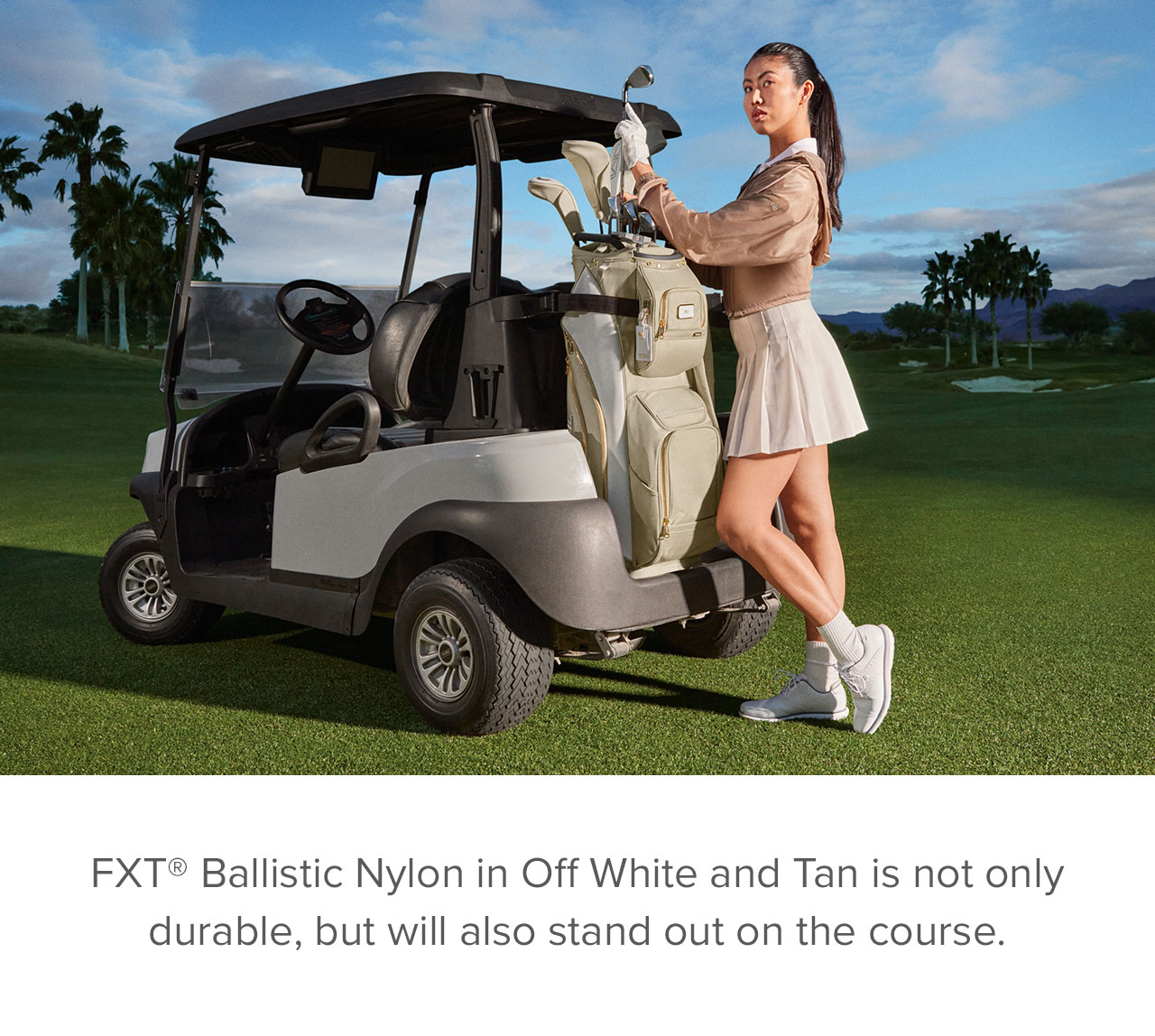 FXT Ballistic Nylon in Off White and Tan is not only durable, but will also stand out on the course. 