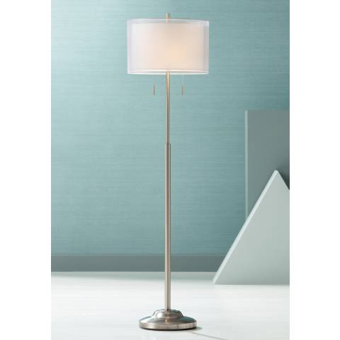 Possini Euro Roxie Brushed Nickel Modern Floor Lamp with Double Drum Shade