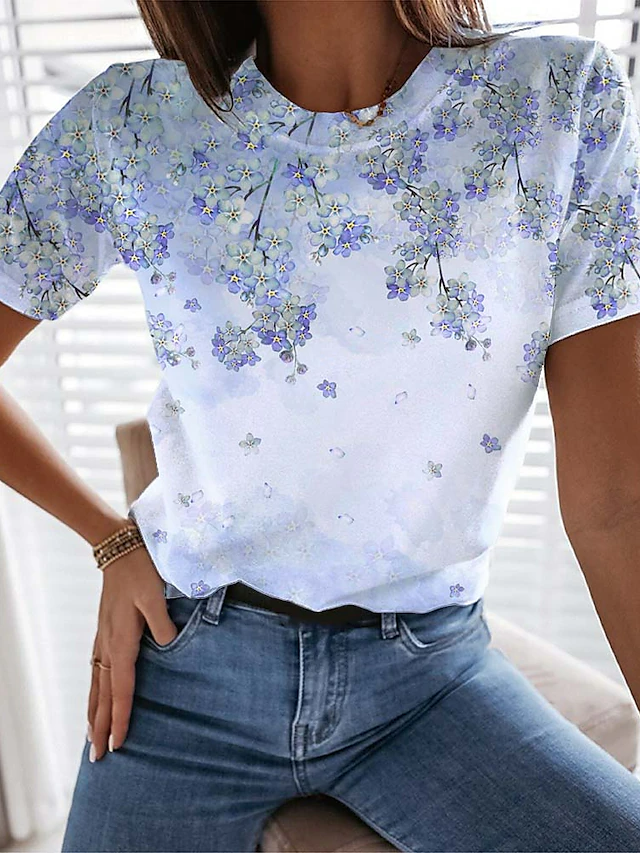 Casual Floral Crew Neck Short Sleeve T-shirt