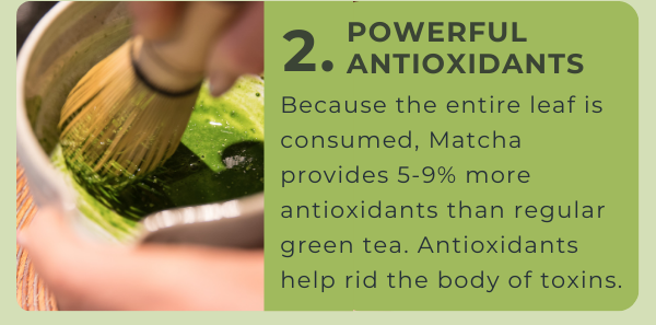 2. Powerful Antioxidants: Because the entire leaf is consumed, Matcha provides 5-9% more antioxidants than regular green tea. Antioxidants help rid the body of toxins.