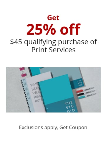 25% off $45 qualifying purchase of Print Services (excludes Photo Printing Services and custom checks)