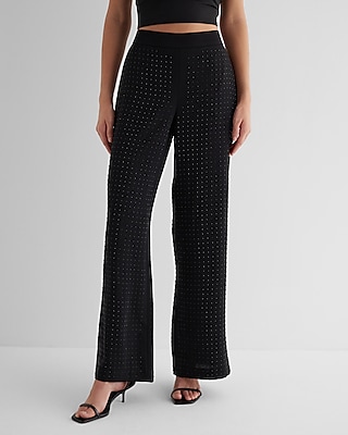 high waisted rhinestone studded wide leg trouser pant