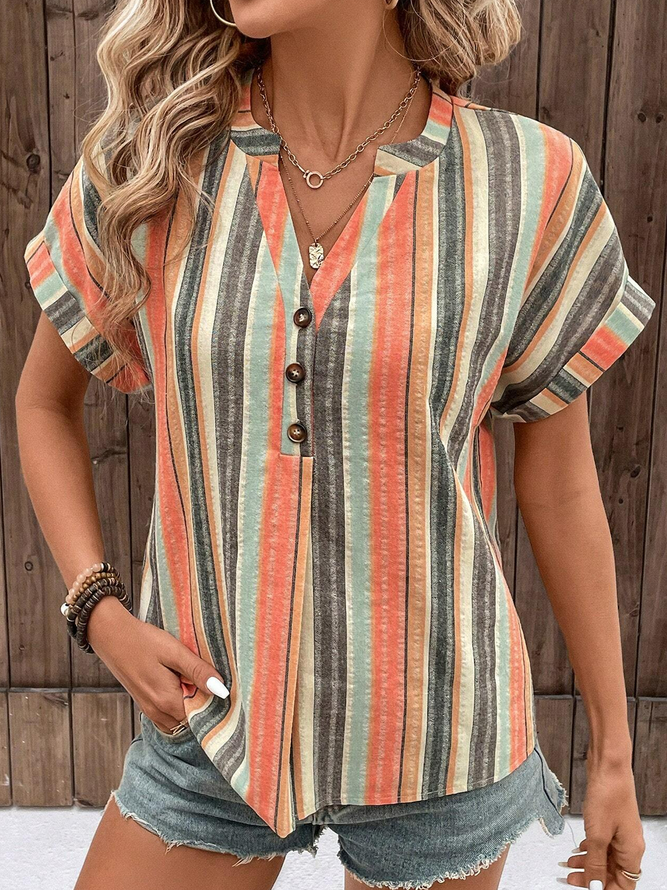 Notched Short Sleeve Striped Regular Loose Shirt For Women