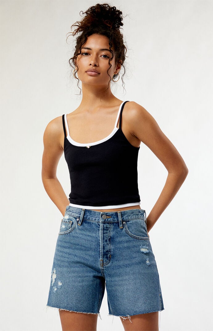 Image: Eco Dark Indigo Ripped High Waisted Relaxed Jorts