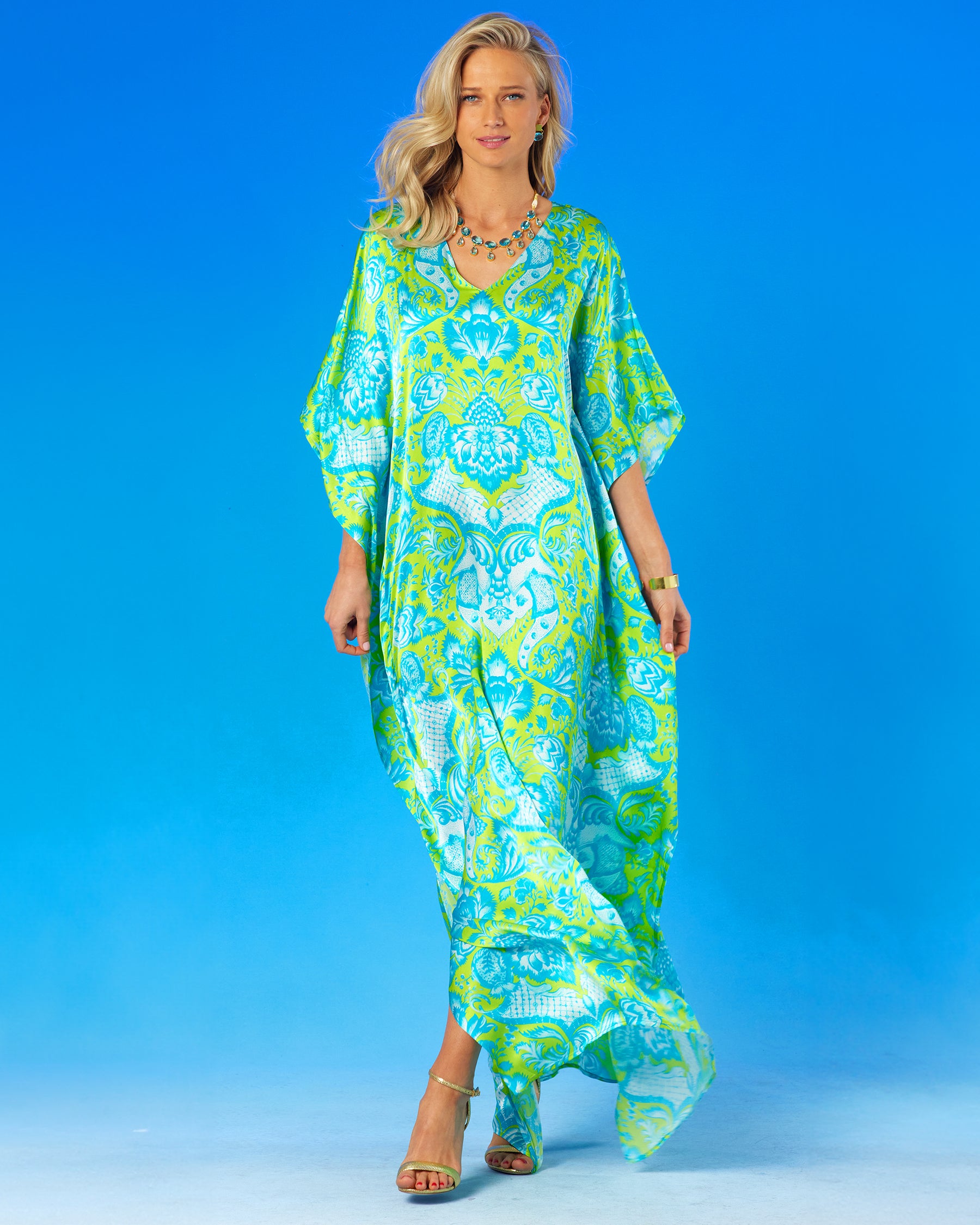 Image of Shalimar Silk Kaftan in Turquoise and Lime