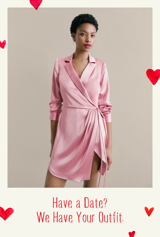 Model in pink wrap minidress.