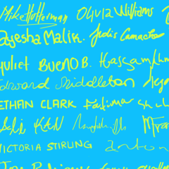 A bevy of green signatures against a blue background.