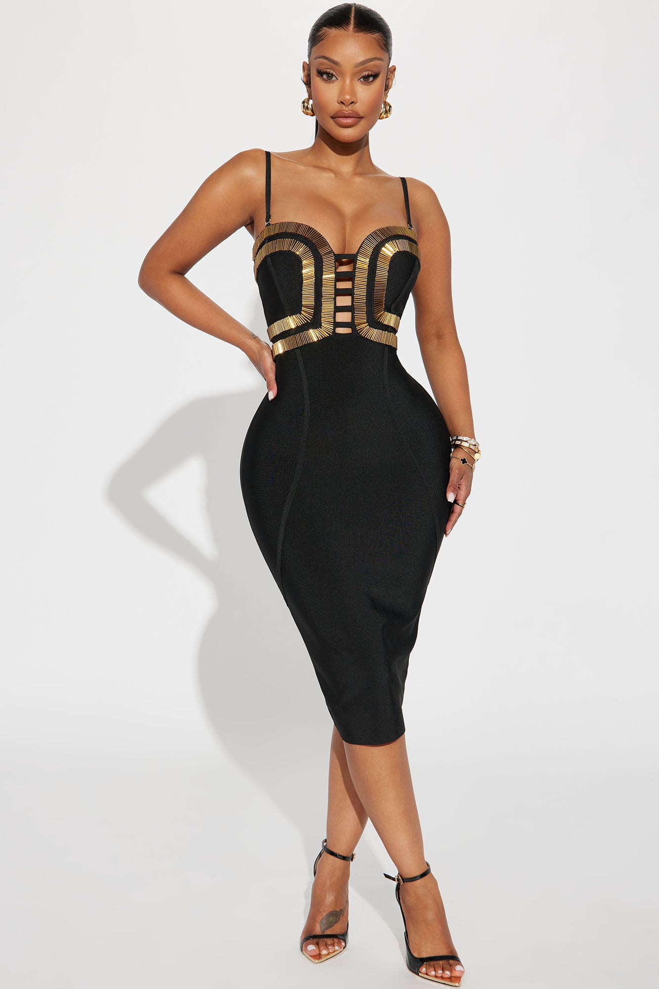 Image of A Fine Time Bandage Midi Dress - Black/Gold