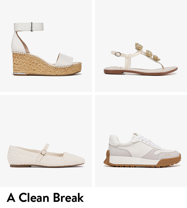 An assortment of white women's shoes.