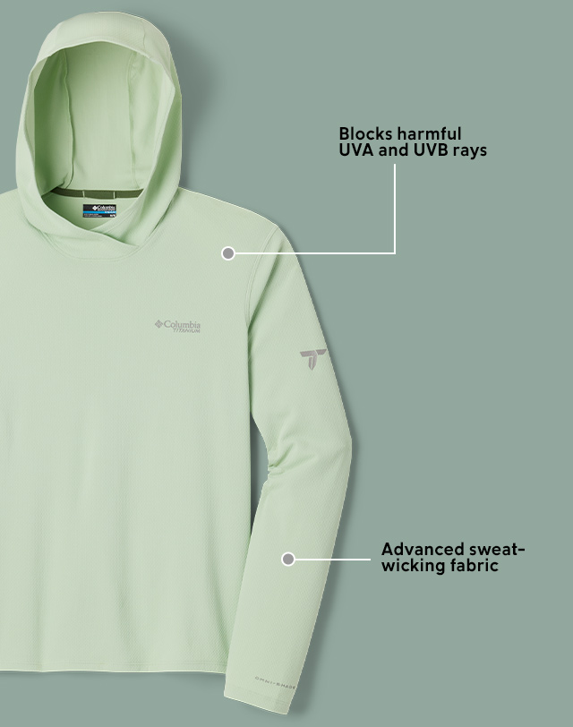 Close-up of a Summit Valley hoodie. Blocks harmful UVA and UVB rays. Advanced sweat-wicking fabric. 