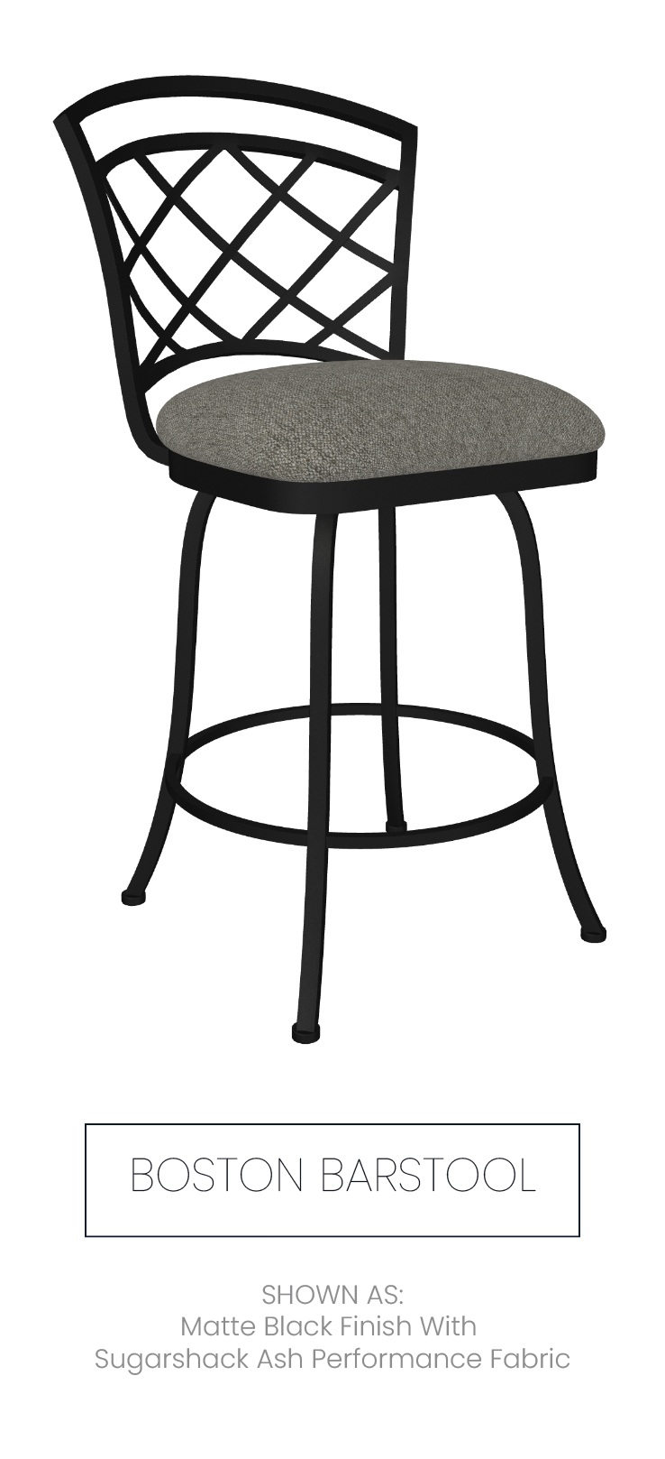 Boston barstool shown as Matte Black finish with Sugarshack Ash Performance Fabric.