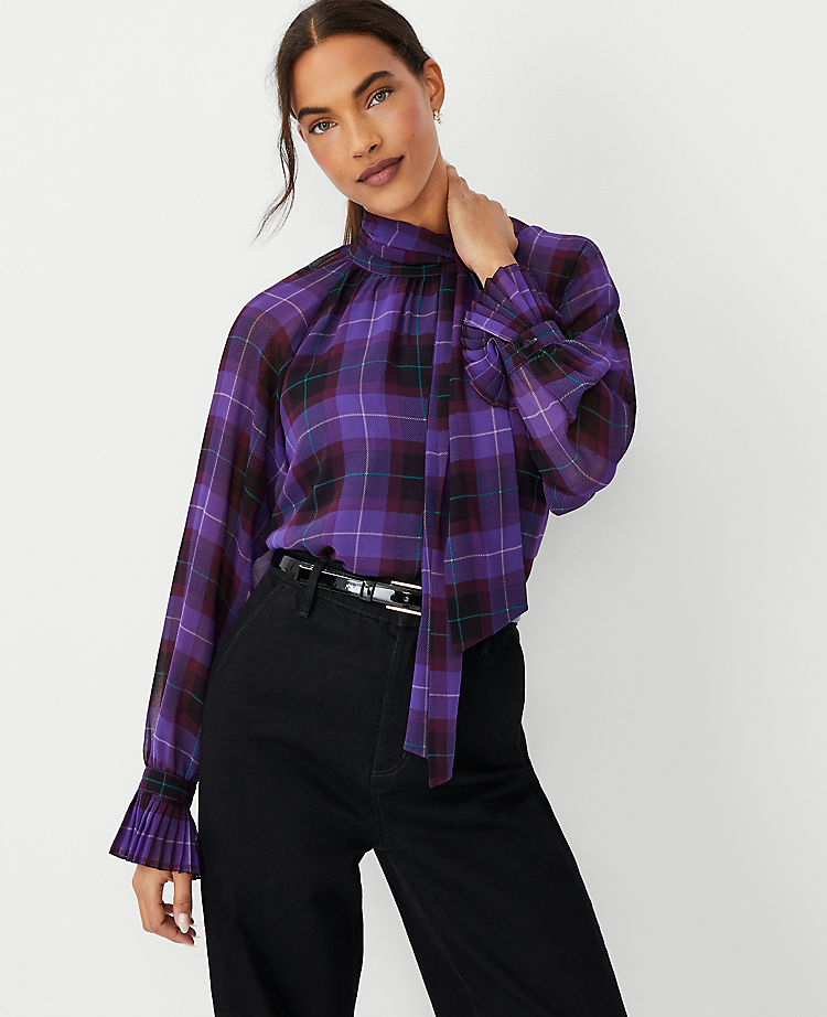 Plaid Raglan Bow Pleated Cuff Top