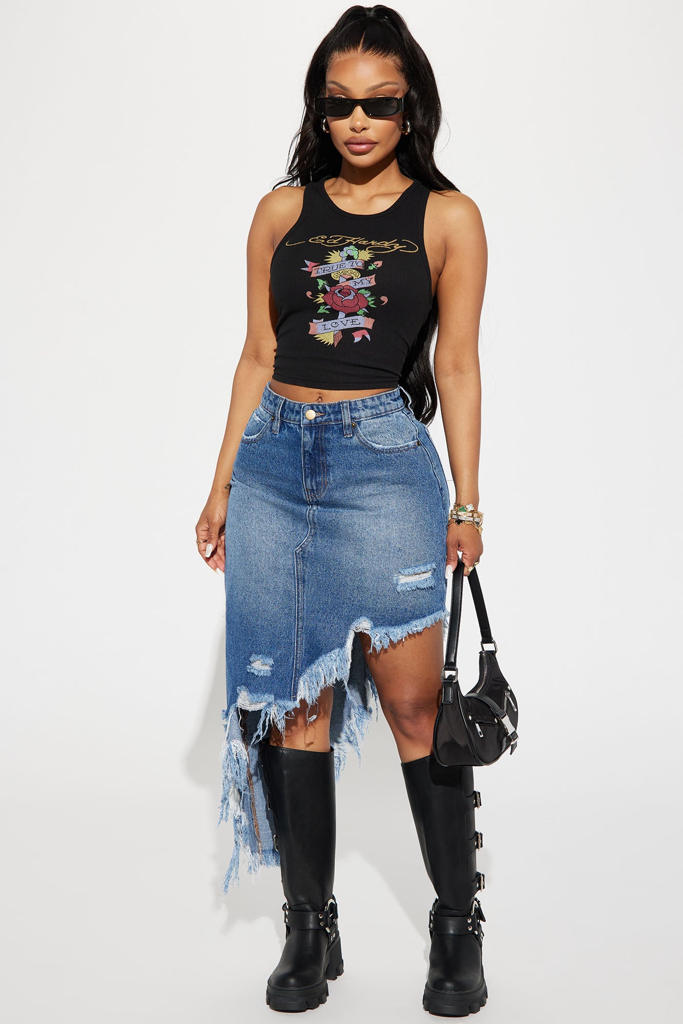 Image of Let It Ride Distressed Midi Skirt - Dark Wash