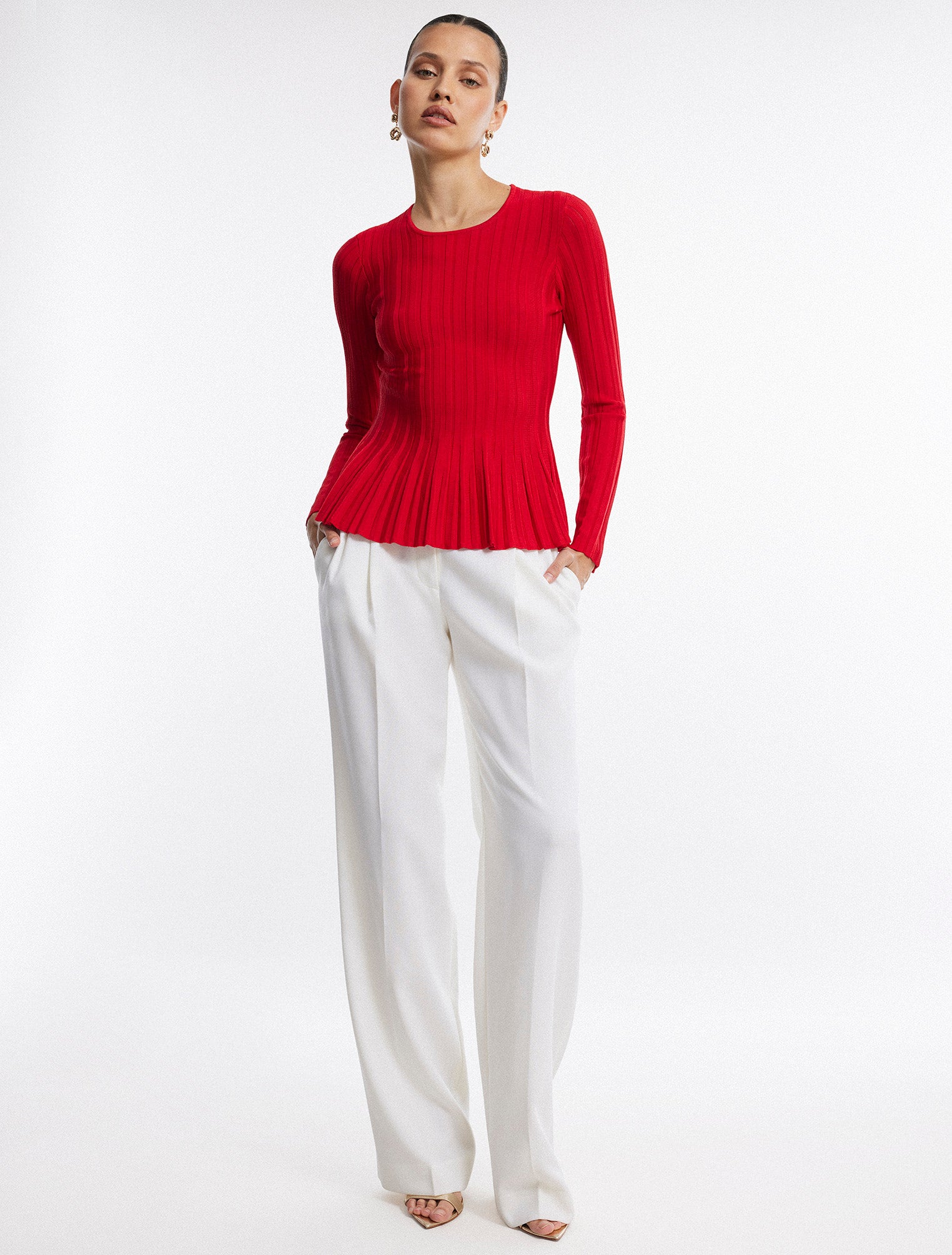 Image of Long Sleeve Rib Peplum Knit Top