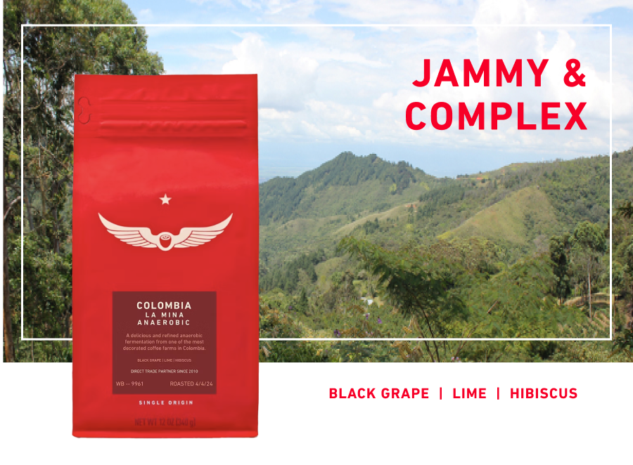 Colombia La Mina Anaerobic coffee bag layered over an image of mountainous Colombian terrain