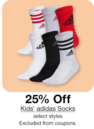 25% Off Kids' adidas Socks, select styles. Excluded from coupons.