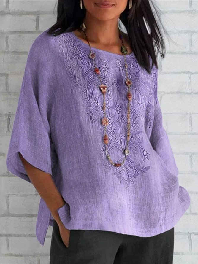 Crew Neck Short Sleeve Plain Embroidery Regular Loose TUNIC Shirt For Women