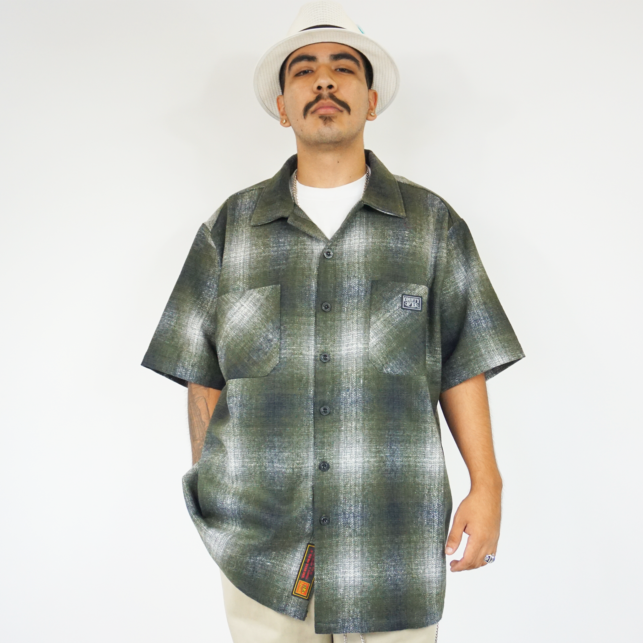 Image of FB County Short Sleeve Wool Shirt - Green/Black/Grey