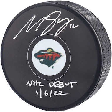 Matthew Boldy  Autographed Hockey Puck with "NHL Debut 1/6/22" Inscription