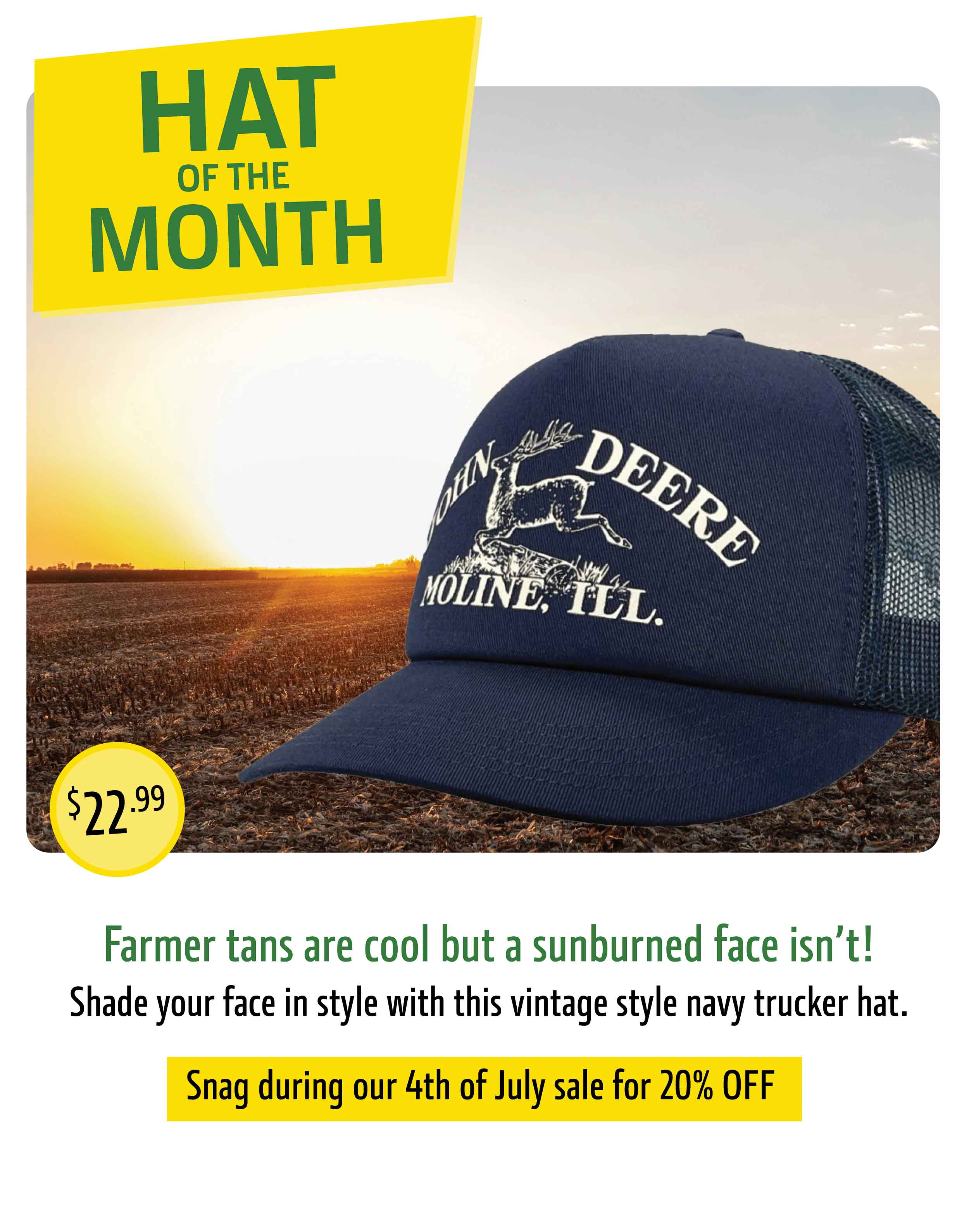 Hat of the Month | Farmer tans are cool but a sunburned face isn't! Shade your face in style with this vintage style navy trucker hat. Snag during our 4th of July sale for 20% off. $22.99