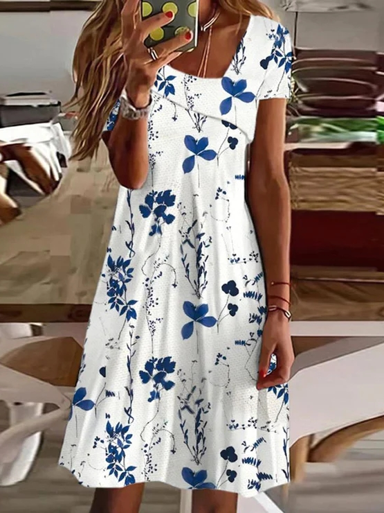 Women Mini Dress Summer Floral Print Short Sleeve Comfy Casual Short Dress