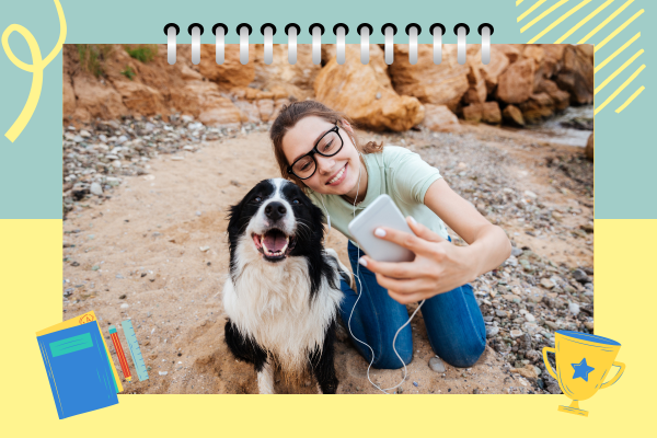 woman taking selfie with her dog in school style frame