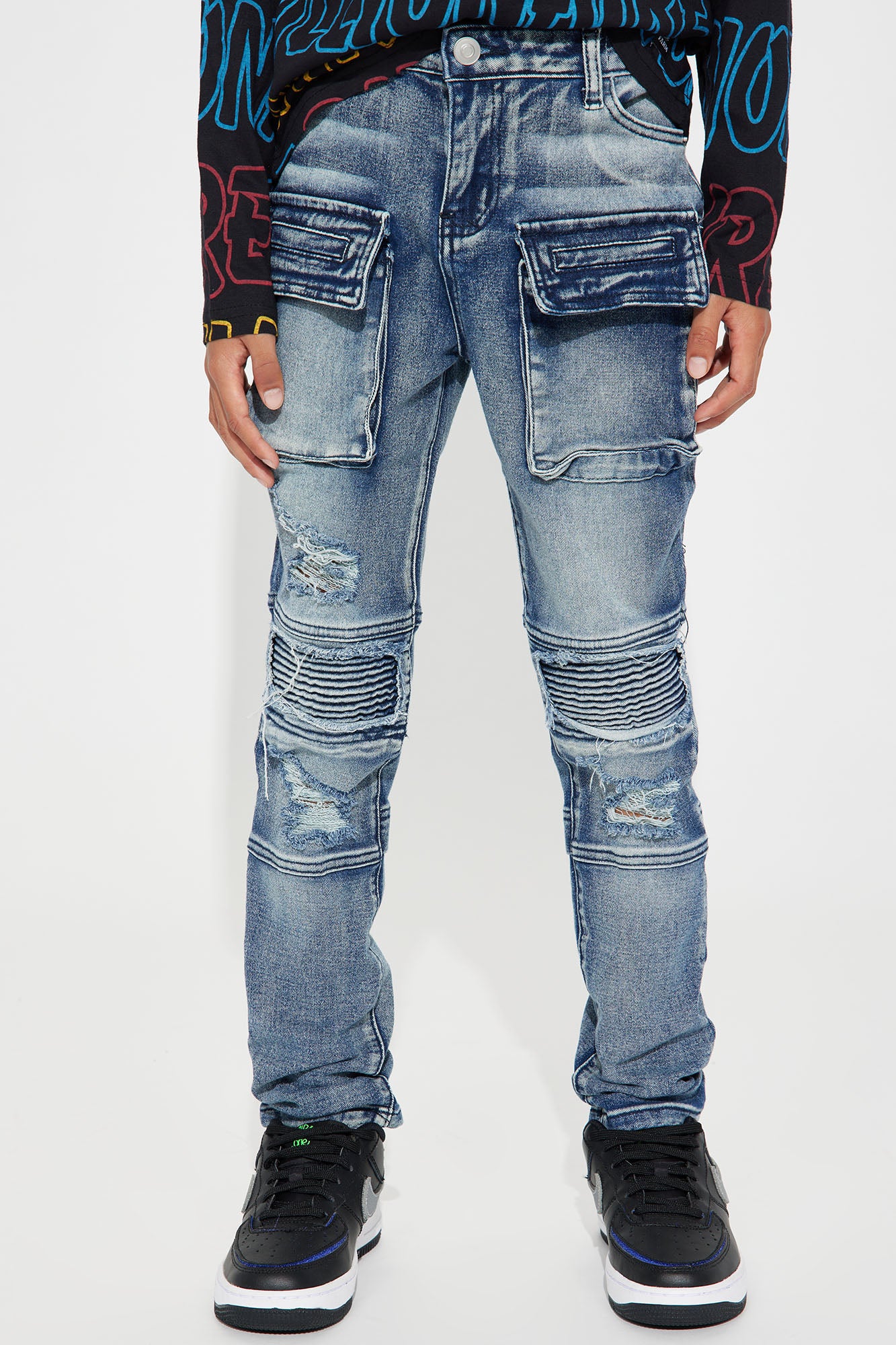 Image of Mini Distressed Moto Denim Skinny Jeans - Dark Wash